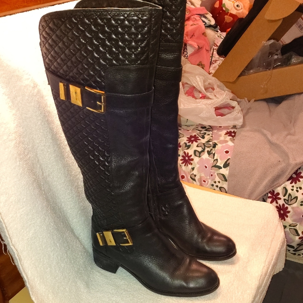 Vince Camuto Black Quilted Over the Knee Boots with Gold Buckles